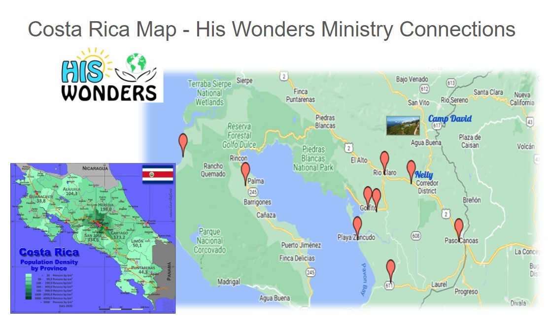 Map of Costa Rica showing His Wonders ministry connections and the location of Camp David