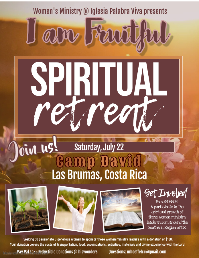 Spiritual Retreat flyer — sponsor women's ministry leaders at Camp David, Las Brumas, Costa Rica